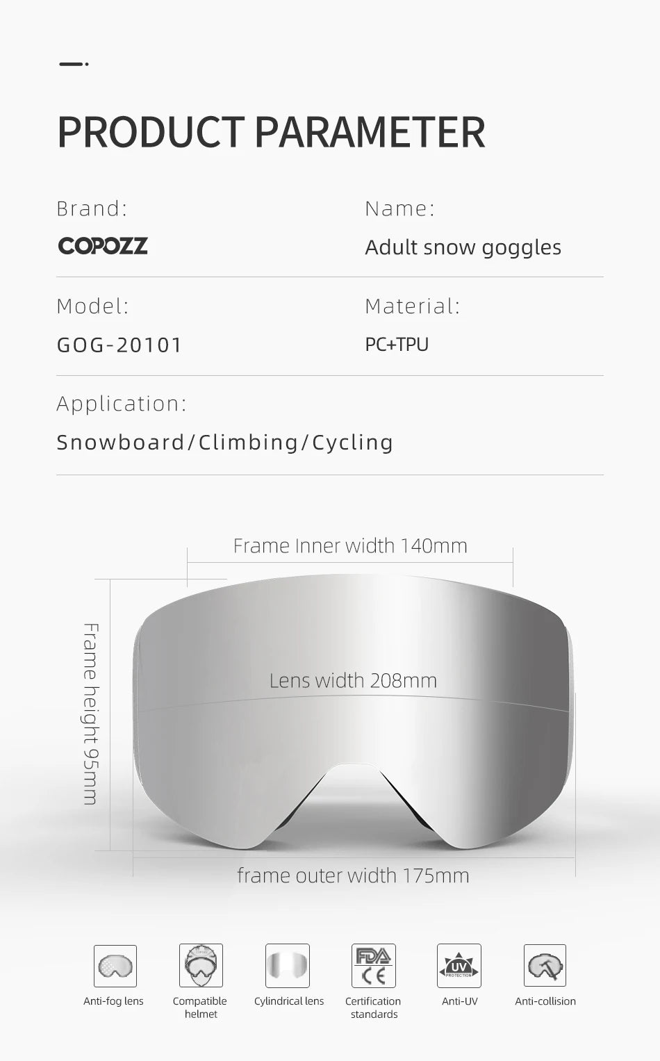 COPOZZ OTG Ski Goggle Snowboard Mask For Men Women Yellow Lens Case Eyewear Kit Cylindrical UV400 Protection Snow Glasses Adult