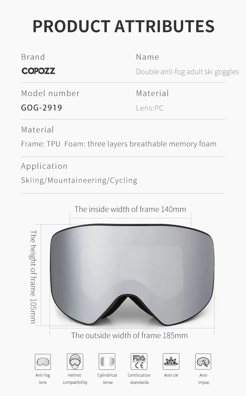 COPOZZ Brand Ski Goggles Men Women double layers big Snowboard Goggles Anti-fog UV400 Skate Skiing Snowboard Goggles