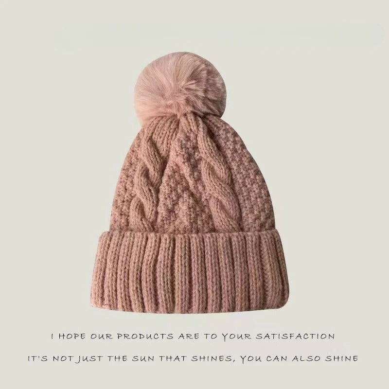 New Winter Twist Knitting Hat For Women Fur Pompom Thick Plush Cap Beanie Solid Color Ladies Warm Ski Snow Skullies Beanies