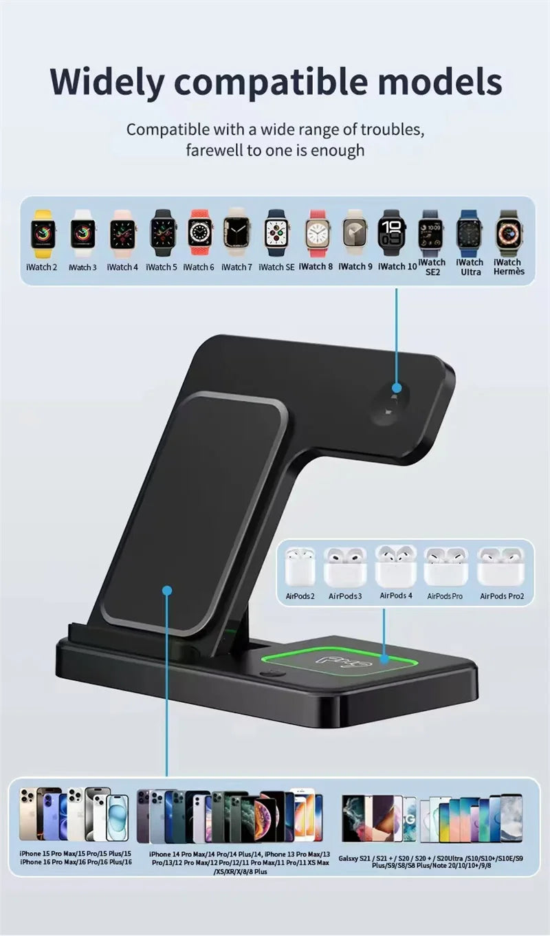 Fast 3 in 1 Wireless Charging Station Foldable Phone Wireless Charger Stand Pad for iPhone 16 15 14 13 12 Pro AirPods iWatch 1-9