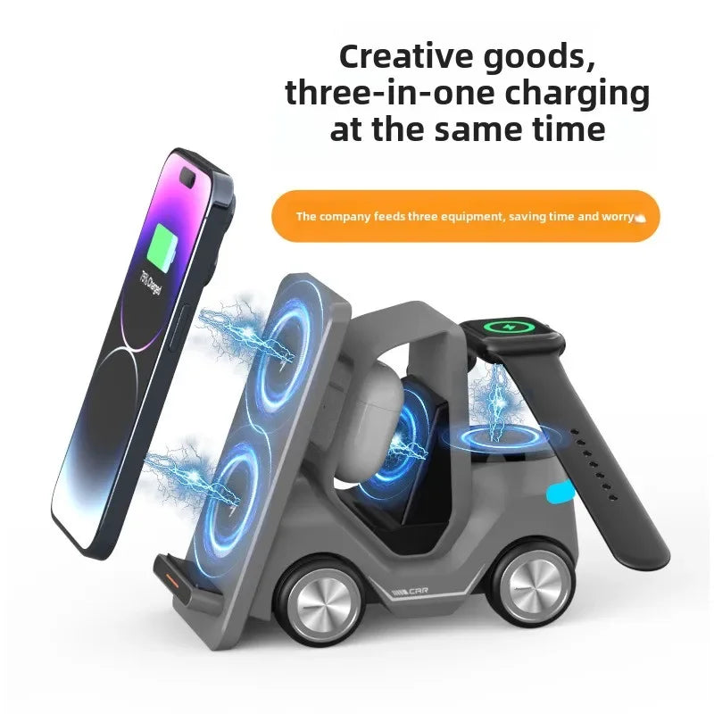 Small Forklift Wireless Charger Fast Charging Charging Station 3 in 1 High Speed Charger Base Stand for Cell Phone IWatch Airpod