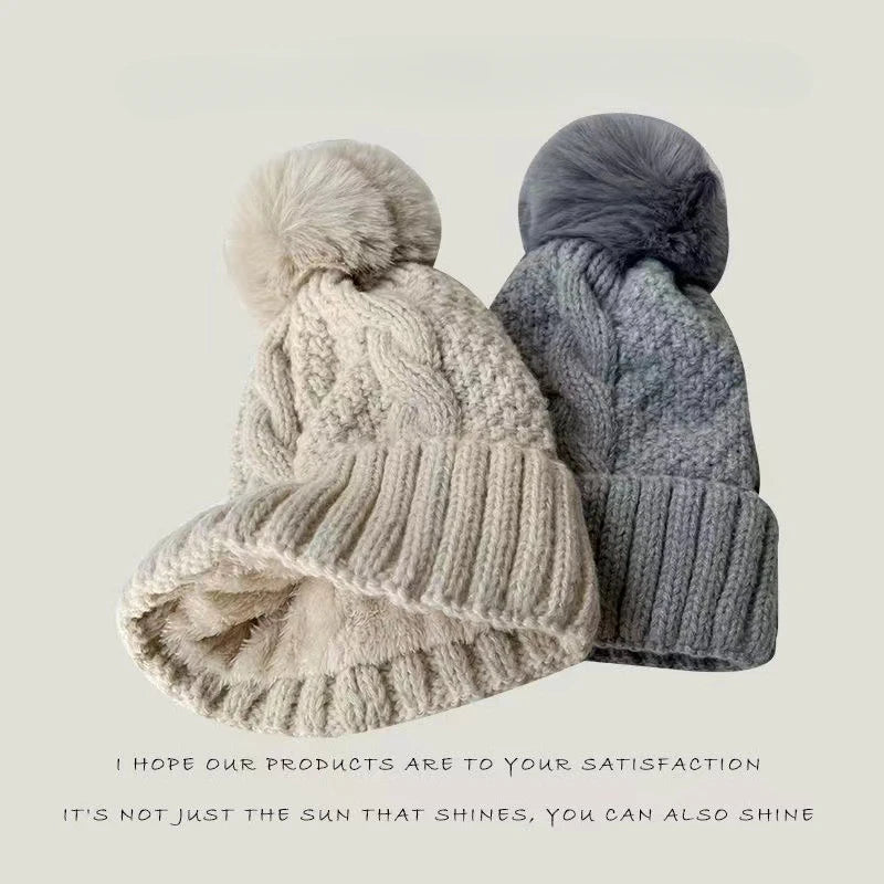 New Winter Twist Knitting Hat For Women Fur Pompom Thick Plush Cap Beanie Solid Color Ladies Warm Ski Snow Skullies Beanies