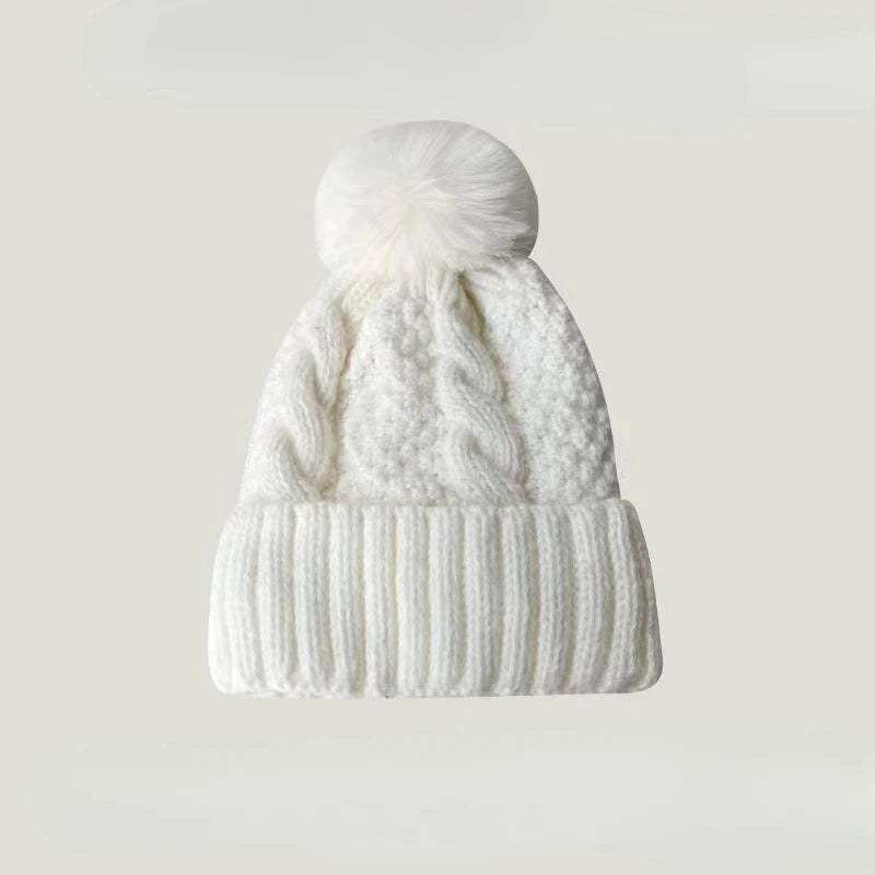 New Winter Twist Knitting Hat For Women Fur Pompom Thick Plush Cap Beanie Solid Color Ladies Warm Ski Snow Skullies Beanies