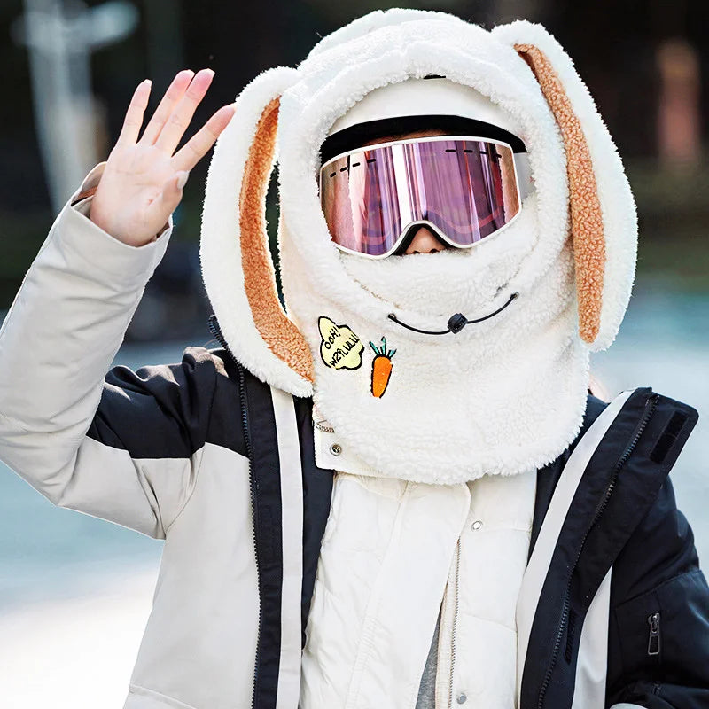 Winter Warm Ski Helmet Cover Comfortable Soft Fleece Skiing Cap Scarf Warmer Cartoon Cute Rabbit Ear Decorative Helmet Cover Hat