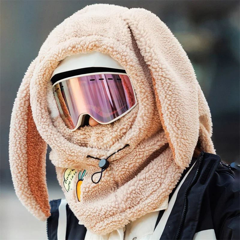 Winter Warm Ski Helmet Cover Comfortable Soft Fleece Skiing Cap Scarf Warmer Cartoon Cute Rabbit Ear Decorative Helmet Cover Hat