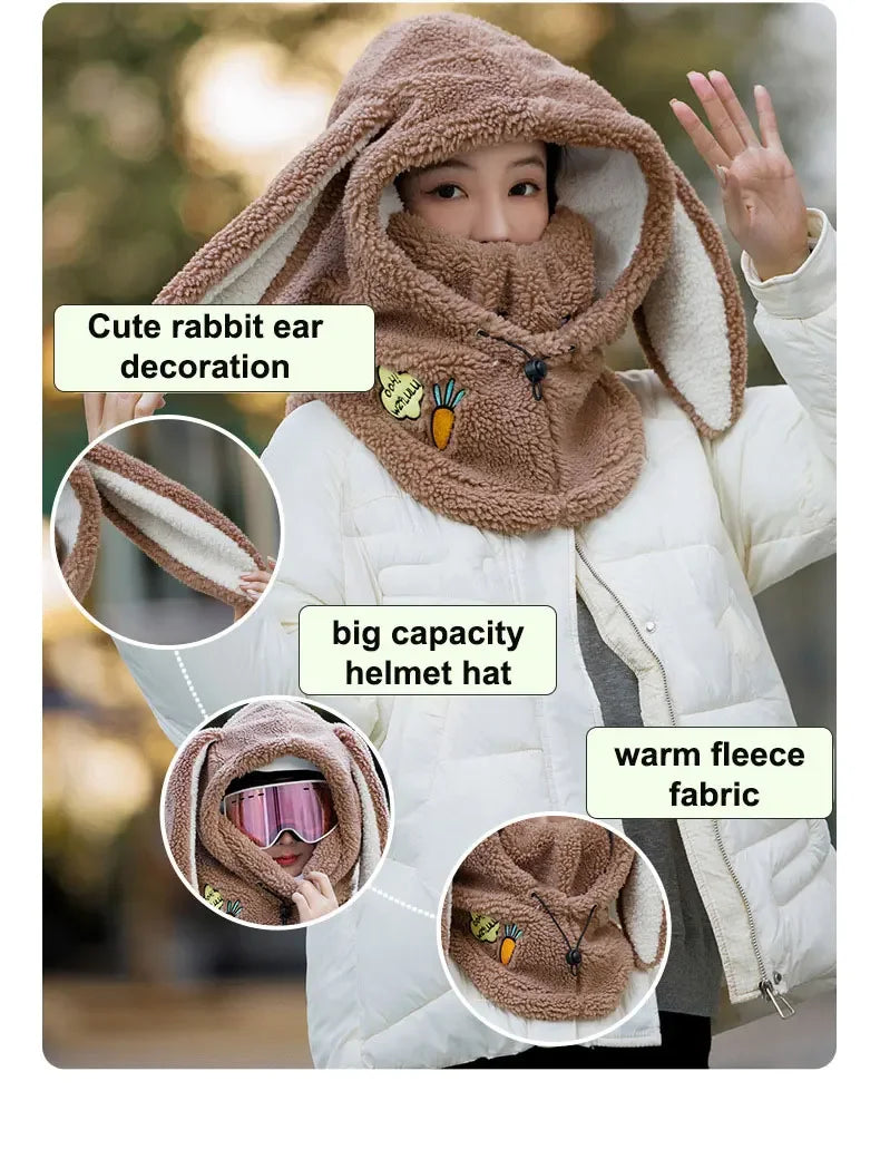 Winter Warm Ski Helmet Cover Comfortable Soft Fleece Skiing Head Warmer Cartoon Cute Rabbit Ear Decorative Helmet Cover Hat