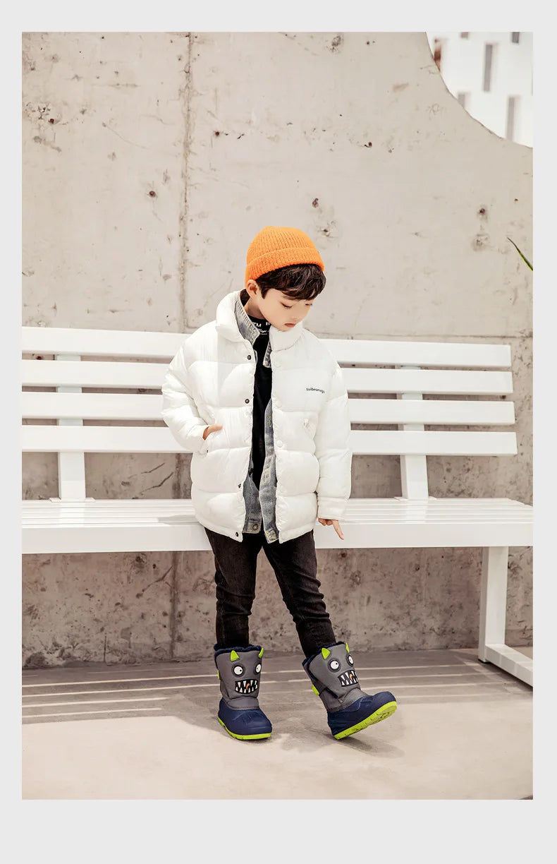 Winter Children Snow Boots Boys Girls Warm Waterproof Ski Boots Baby Cute Cartoon Dinosaur Print High Boots