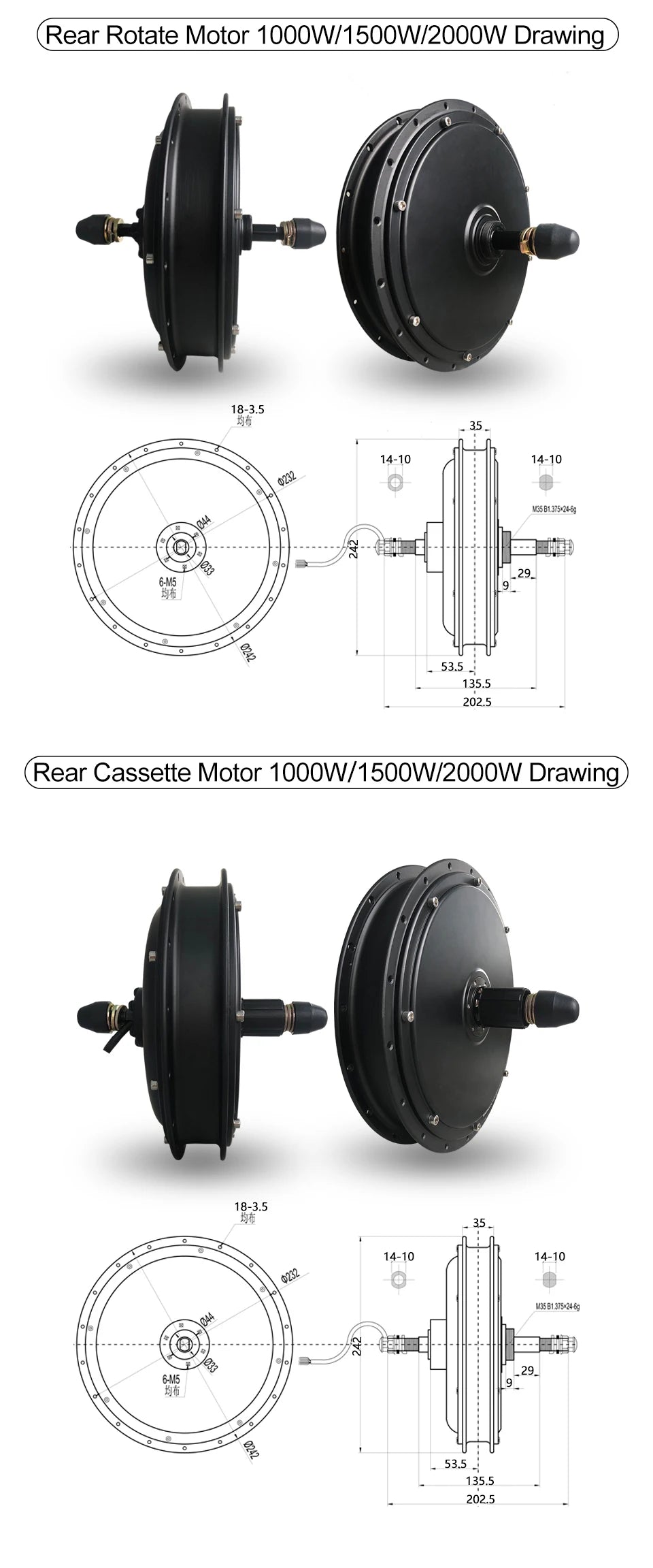 Electric Bike Motor 48V 2000W/1000W/1500W Brushless Non-gear Hub Motor for Ebike Conversion KIt and Scooter