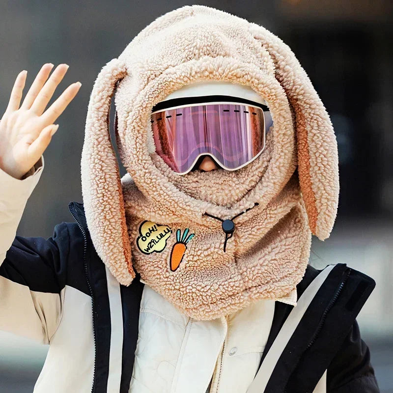 Winter Warm Ski Helmet Cover Comfortable Soft Fleece Skiing Cap Scarf Warmer Cartoon Cute Rabbit Ear Decorative Helmet Cover Hat