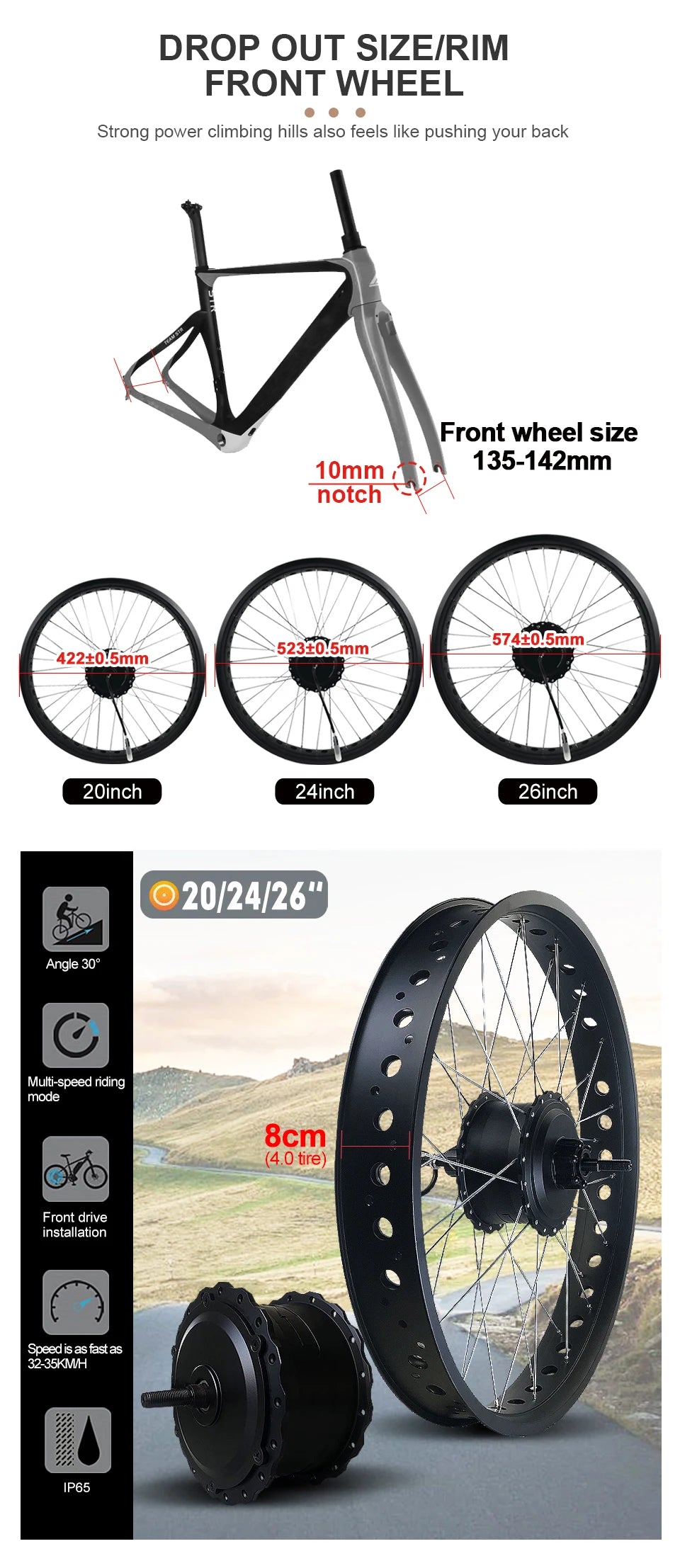 Electric Bicycle Fat Tire 20/24/26Inch 4.0 Tyre 36V 48V 500W Brushless Gear Front Wheel Hub Motor For Snow Ebike Conversion Kit