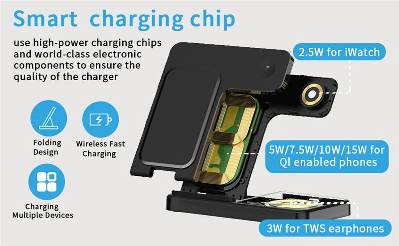 Fast 3 in 1 Wireless Charging Station Foldable Phone Wireless Charger Stand Pad for iPhone 16 15 14 13 12 Pro AirPods iWatch 1-9