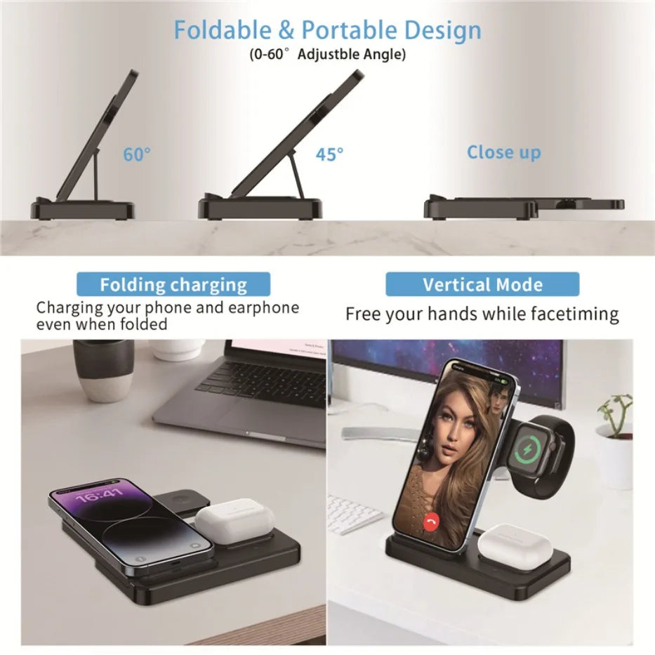 Fast 3 in 1 Wireless Charging Station Foldable Phone Wireless Charger Stand Pad for iPhone 16 15 14 13 12 Pro AirPods iWatch 1-9