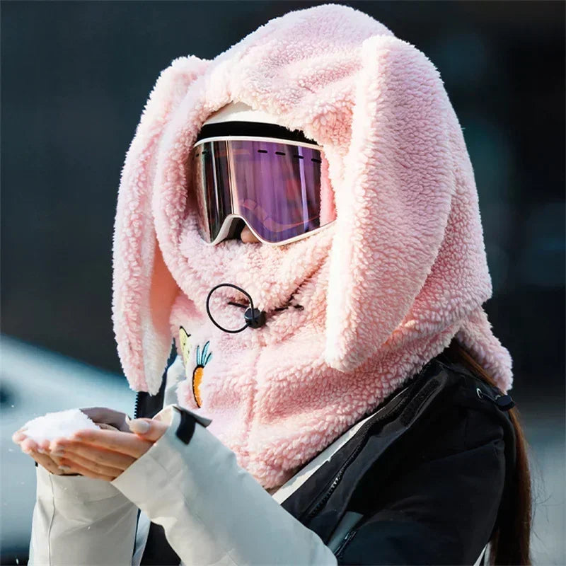 Winter Warm Ski Helmet Cover Comfortable Soft Fleece Skiing Cap Scarf Warmer Cartoon Cute Rabbit Ear Decorative Helmet Cover Hat