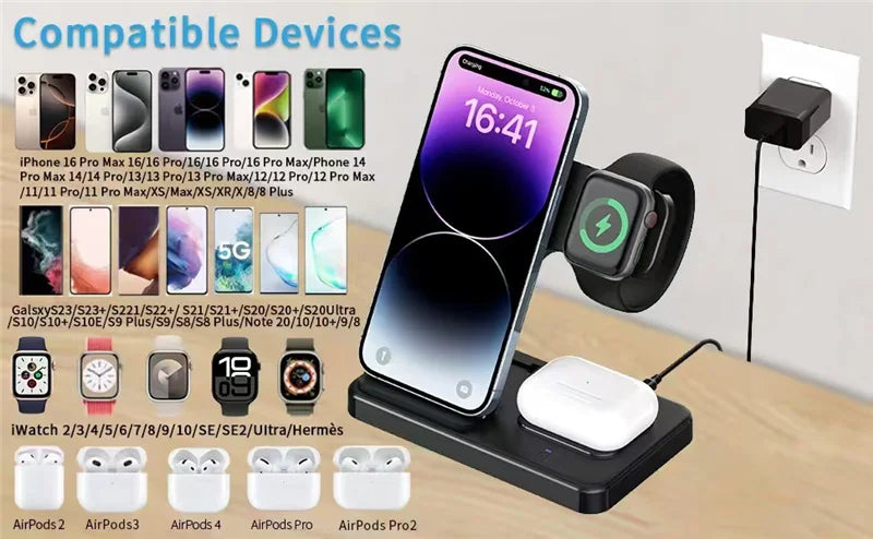 Fast 3 in 1 Wireless Charging Station Foldable Phone Wireless Charger Stand Pad for iPhone 16 15 14 13 12 Pro AirPods iWatch 1-9