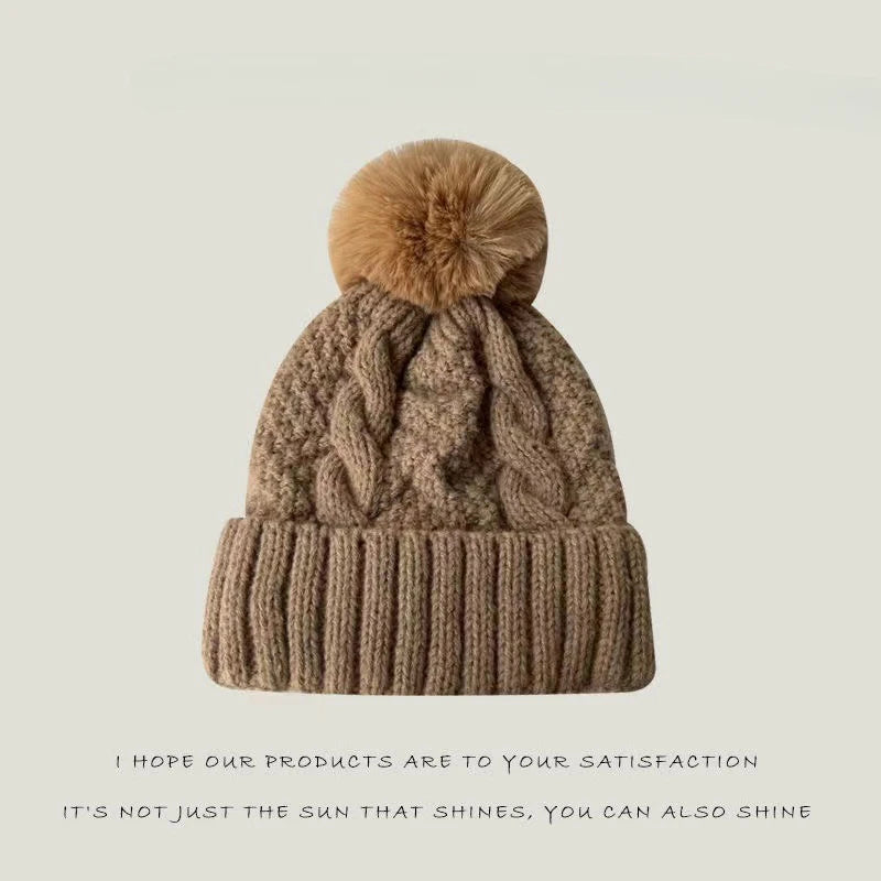 New Winter Twist Knitting Hat For Women Fur Pompom Thick Plush Cap Beanie Solid Color Ladies Warm Ski Snow Skullies Beanies