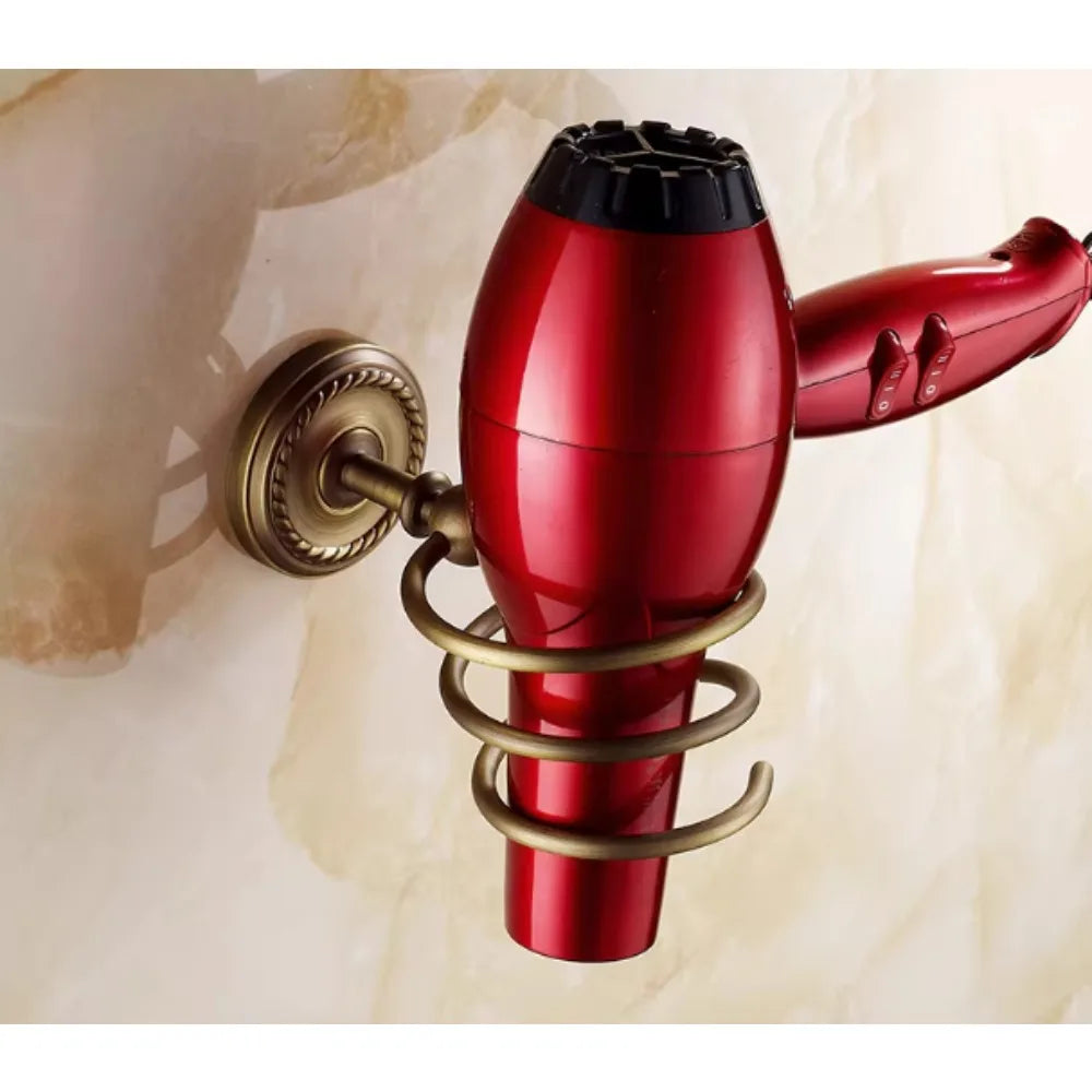 Antique brass hair dryer holder, wall-mounted bathroom storage artifact, vintage bathroom accessories