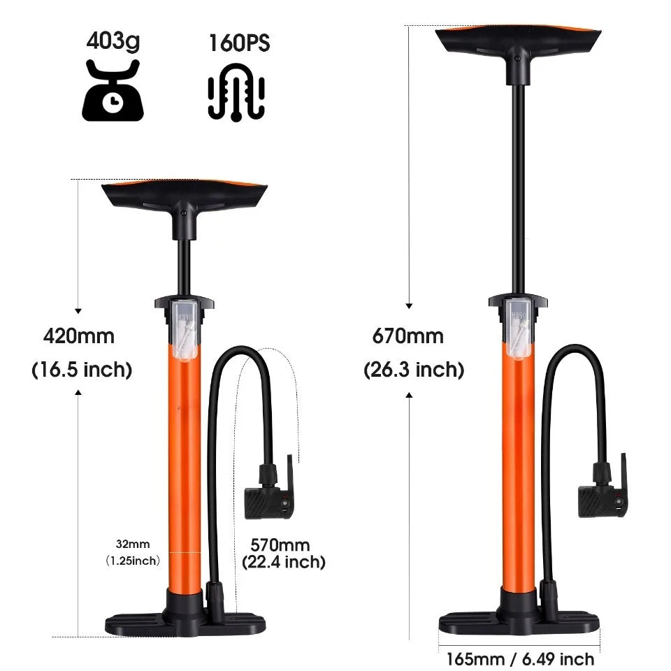 160PSI High Pressure Pump Schrader Presta MTB Bicycle Floor Pump Cycling Air Pump Tire Ball Motorcycle Car Inflator