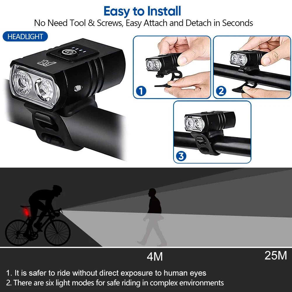 Bike Light T6 LED Bicycle Front Lamp Type-C Rechargeable MTB Headlight Flashlight Waterproof Outdoors Night Cycling Accessories