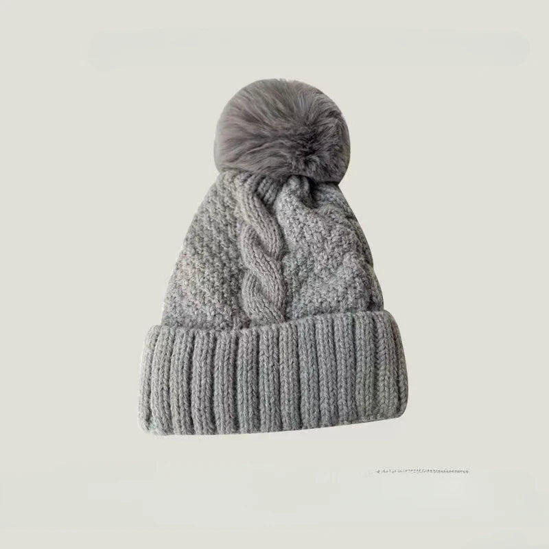 New Winter Twist Knitting Hat For Women Fur Pompom Thick Plush Cap Beanie Solid Color Ladies Warm Ski Snow Skullies Beanies