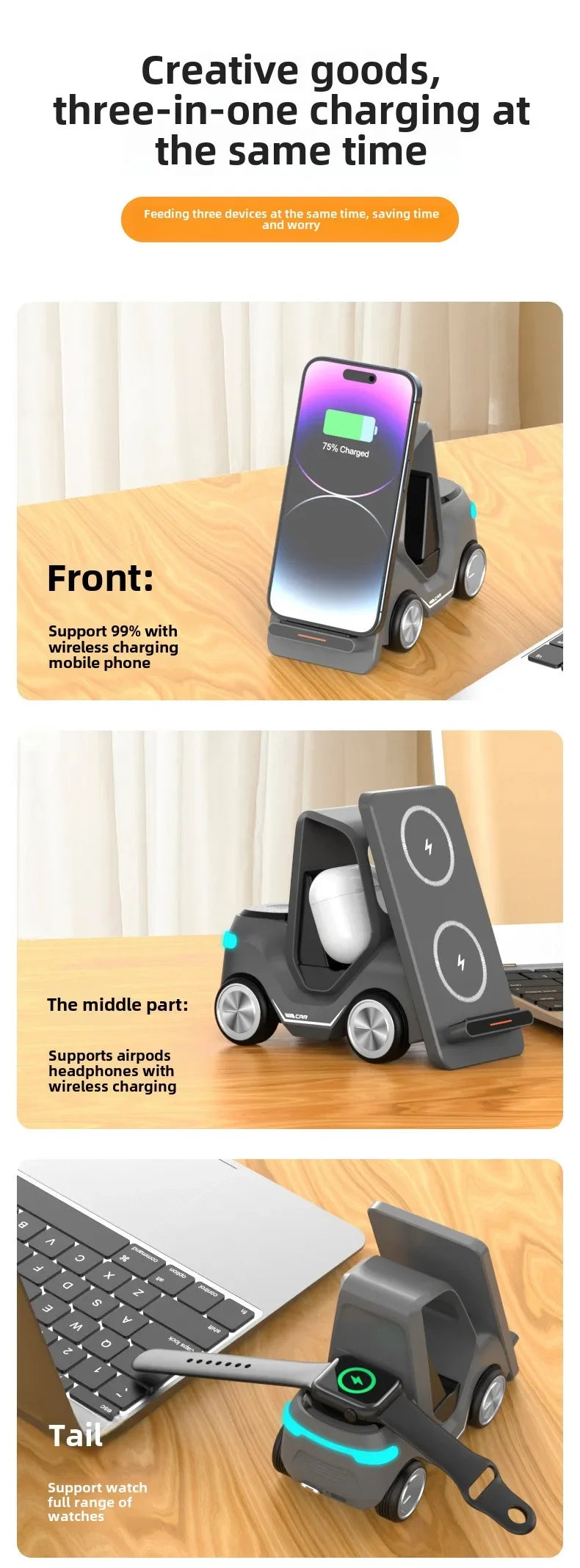 Small Forklift Wireless Charger Fast Charging Charging Station 3 in 1 High Speed Charger Base Stand for Cell Phone IWatch Airpod