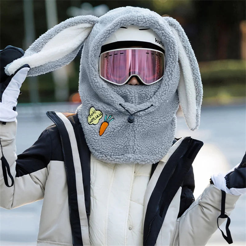 Winter Warm Ski Helmet Cover Comfortable Soft Fleece Skiing Cap Scarf Warmer Cartoon Cute Rabbit Ear Decorative Helmet Cover Hat