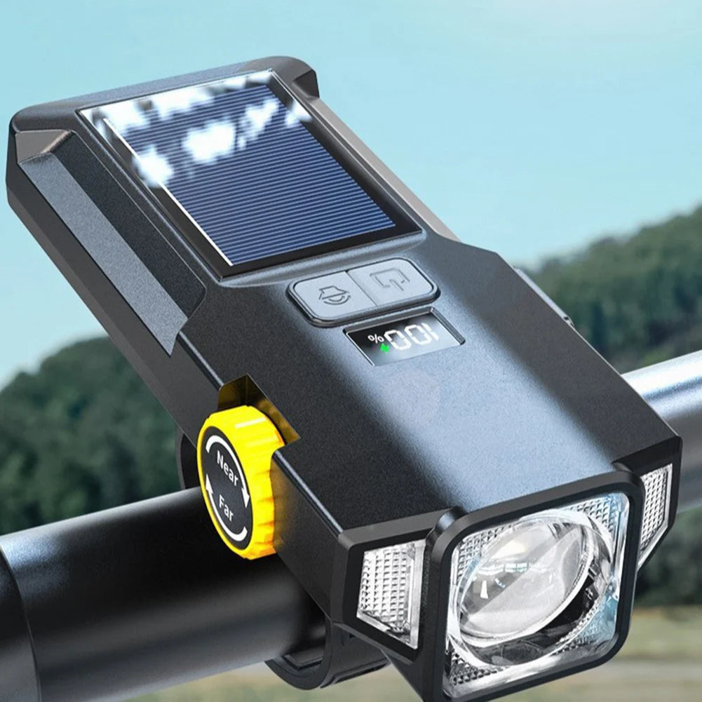Solar Bike Front Light USB Rechargeable Super Bright Bike Light Power Display High Brightness Bike Flashlight for Night Riding
