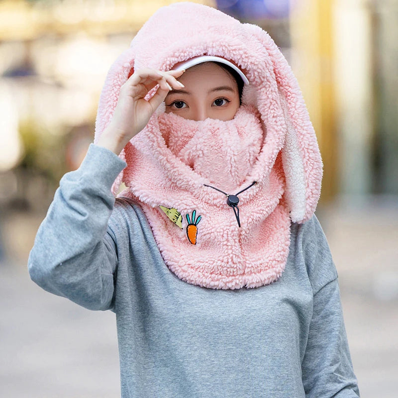 Winter Warm Ski Helmet Cover Comfortable Soft Fleece Skiing Cap Scarf Warmer Cartoon Cute Rabbit Ear Decorative Helmet Cover Hat