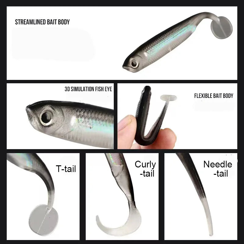5pcs/lot Fishing Soft Bait T Tail Fish Fishing Lures Rainbow Color Sequin Swing Fishing Spinner Bait