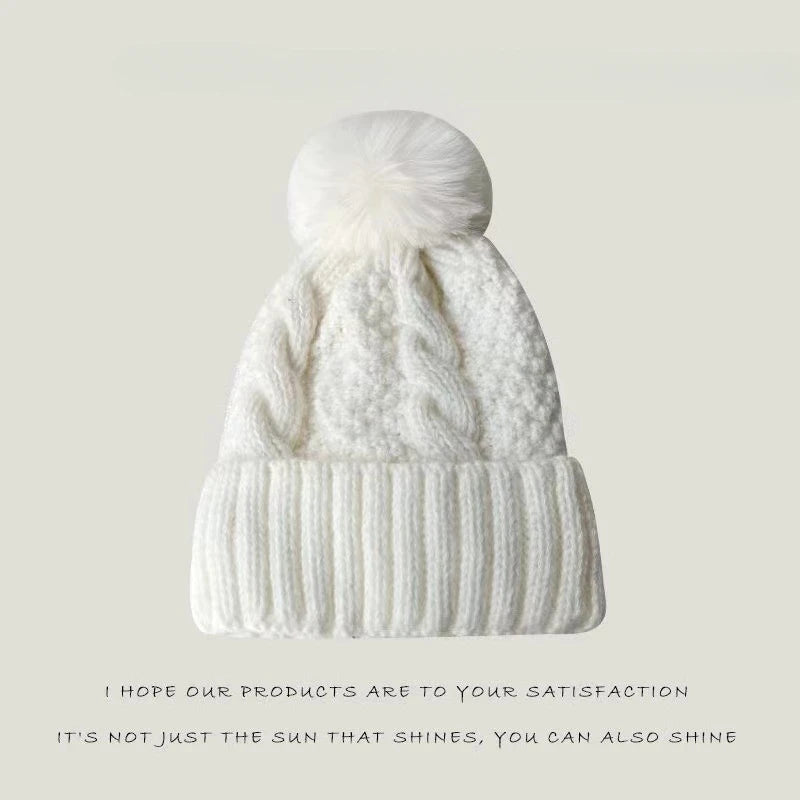 New Winter Twist Knitting Hat For Women Fur Pompom Thick Plush Cap Beanie Solid Color Ladies Warm Ski Snow Skullies Beanies