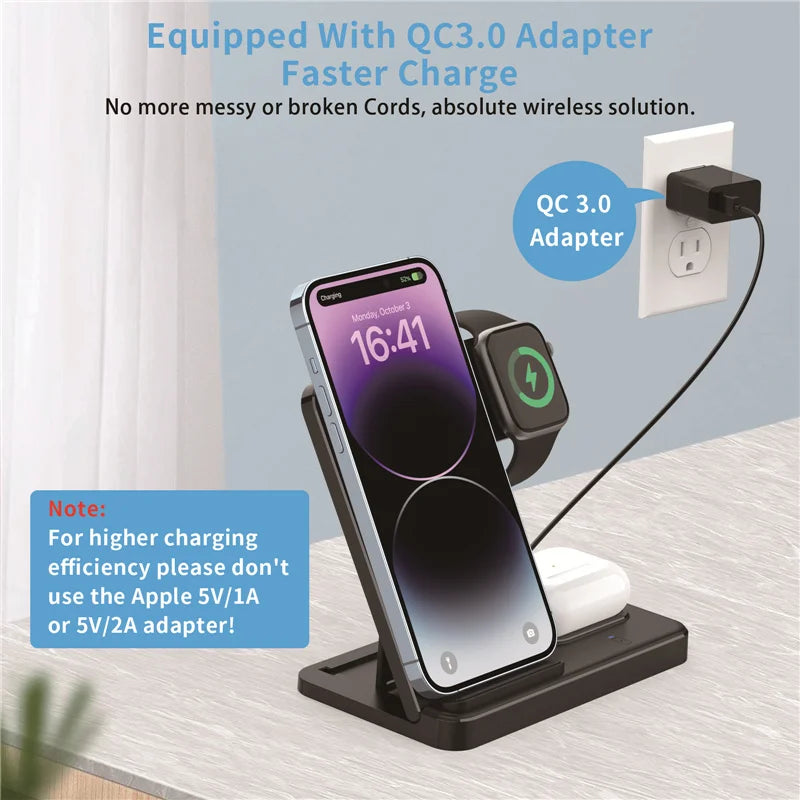 Fast 3 in 1 Wireless Charging Station Foldable Phone Wireless Charger Stand Pad for iPhone 16 15 14 13 12 Pro AirPods iWatch 1-9