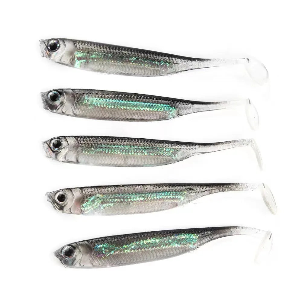 5pcs/lot Fishing Soft Bait T Tail Fish Fishing Lures Rainbow Color Sequin Swing Fishing Spinner Bait