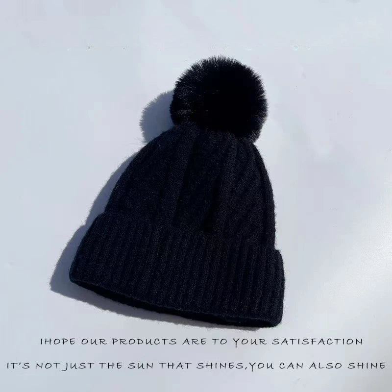 New Winter Twist Knitting Hat For Women Fur Pompom Thick Plush Cap Beanie Solid Color Ladies Warm Ski Snow Skullies Beanies