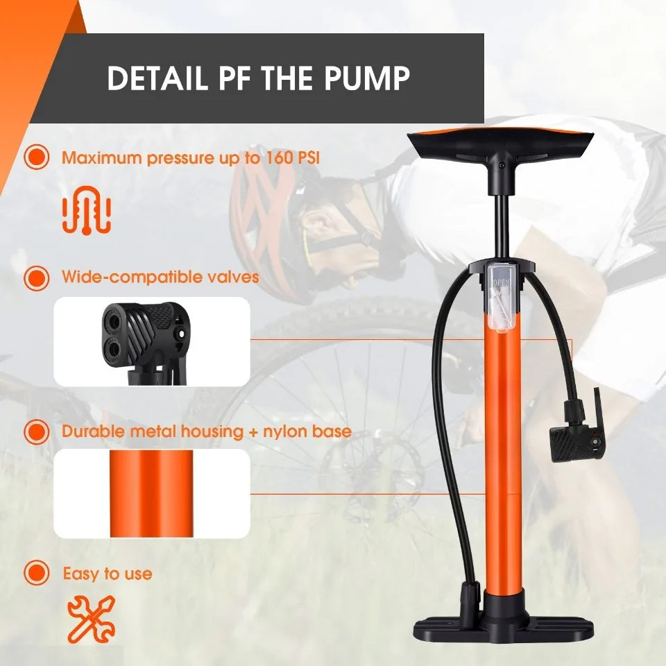 160PSI High Pressure Pump Schrader Presta MTB Bicycle Floor Pump Cycling Air Pump Tire Ball Motorcycle Car Inflator