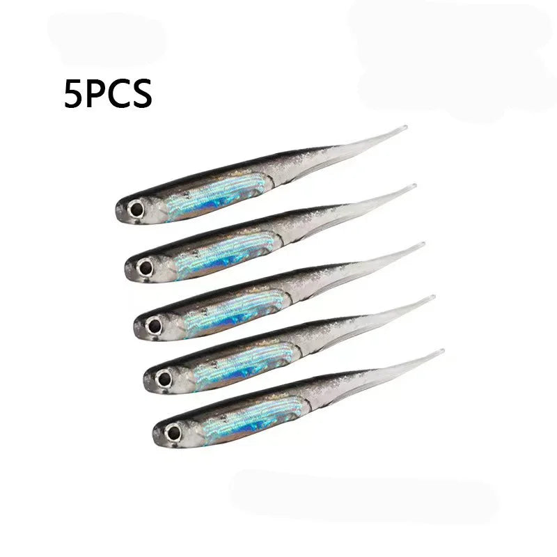 5pcs/lot Fishing Soft Bait T Tail Fish Fishing Lures Rainbow Color Sequin Swing Fishing Spinner Bait