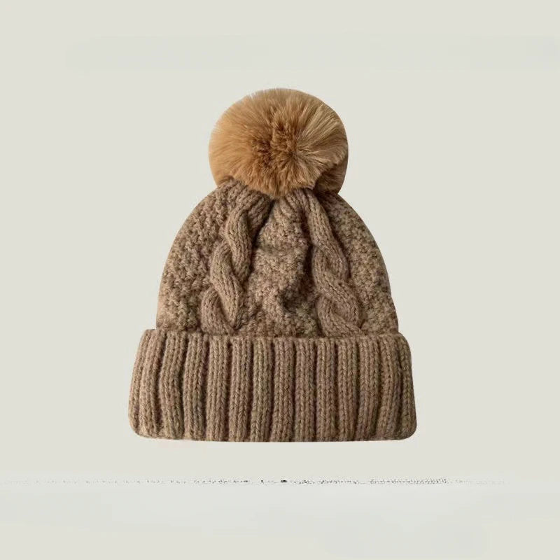 New Winter Twist Knitting Hat For Women Fur Pompom Thick Plush Cap Beanie Solid Color Ladies Warm Ski Snow Skullies Beanies