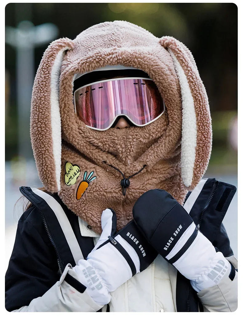 Winter Warm Ski Helmet Cover Comfortable Soft Fleece Skiing Head Warmer Cartoon Cute Rabbit Ear Decorative Helmet Cover Hat