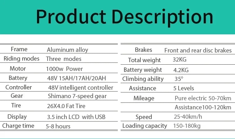 CHINA US 1000W Off-road Electric Bike 26 inch 4.0 Fat Tire Outdoor Sports Mountain Bike 20Ah Battery Adult Bike 40km/h ebike