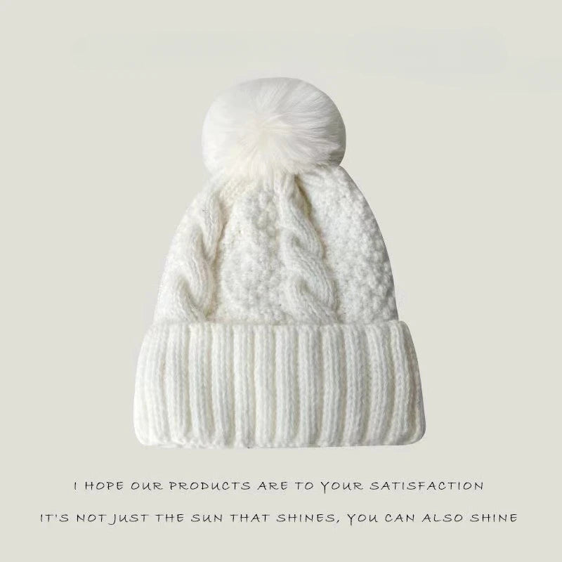 New Winter Twist Knitting Hat For Women Fur Pompom Thick Plush Cap Beanie Solid Color Ladies Warm Ski Snow Skullies Beanies