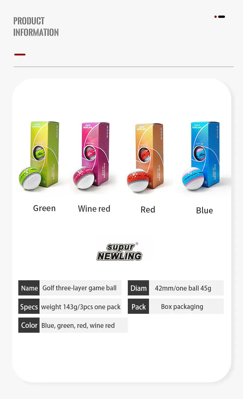 3pcs/box Supur NEWNING Golf Games Ball Three layer Ball for Professional Competition Game Gift for Golfers 4 Colors