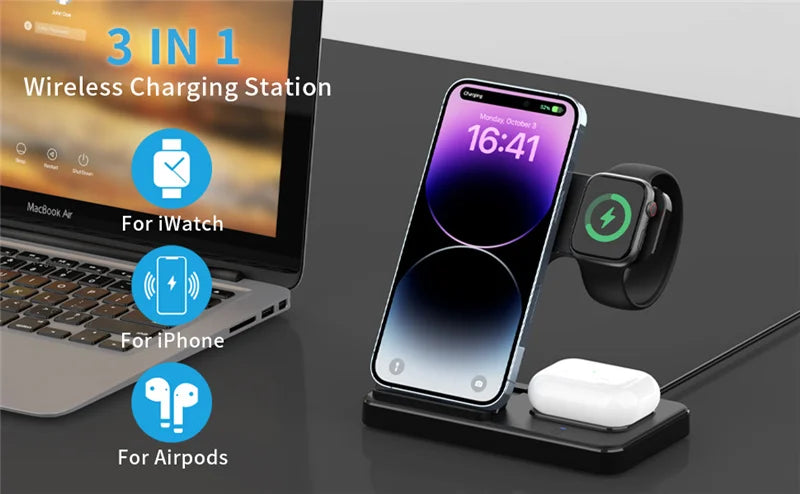 Fast 3 in 1 Wireless Charging Station Foldable Phone Wireless Charger Stand Pad for iPhone 16 15 14 13 12 Pro AirPods iWatch 1-9