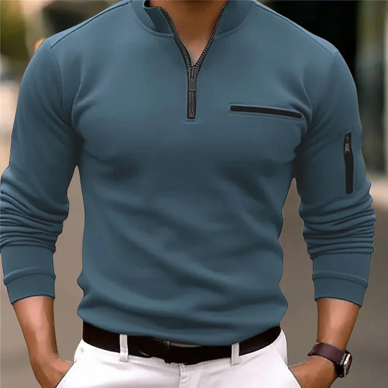 Men's Long Sleeve Polo Shirt Fashion Solid Color Leisure Sports Pullover Golf Slim T-shirt Business Casual Men's Wear.