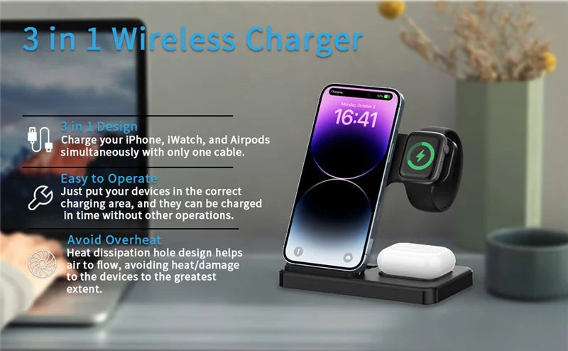 Fast 3 in 1 Wireless Charging Station Foldable Phone Wireless Charger Stand Pad for iPhone 16 15 14 13 12 Pro AirPods iWatch 1-9