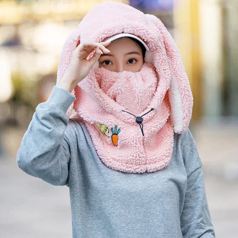 Winter Warm Ski Helmet Cover Comfortable Soft Fleece Skiing Cap Scarf Warmer Cartoon Cute Rabbit Ear Decorative Helmet Cover Hat