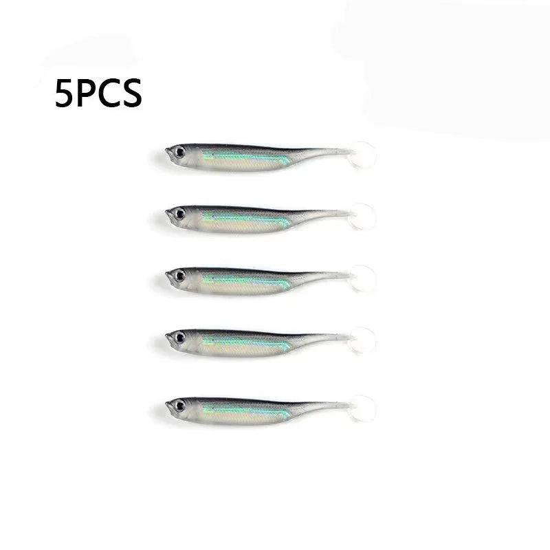 5pcs/lot Fishing Soft Bait T Tail Fish Fishing Lures Rainbow Color Sequin Swing Fishing Spinner Bait