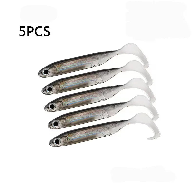 5pcs/lot Fishing Soft Bait T Tail Fish Fishing Lures Rainbow Color Sequin Swing Fishing Spinner Bait