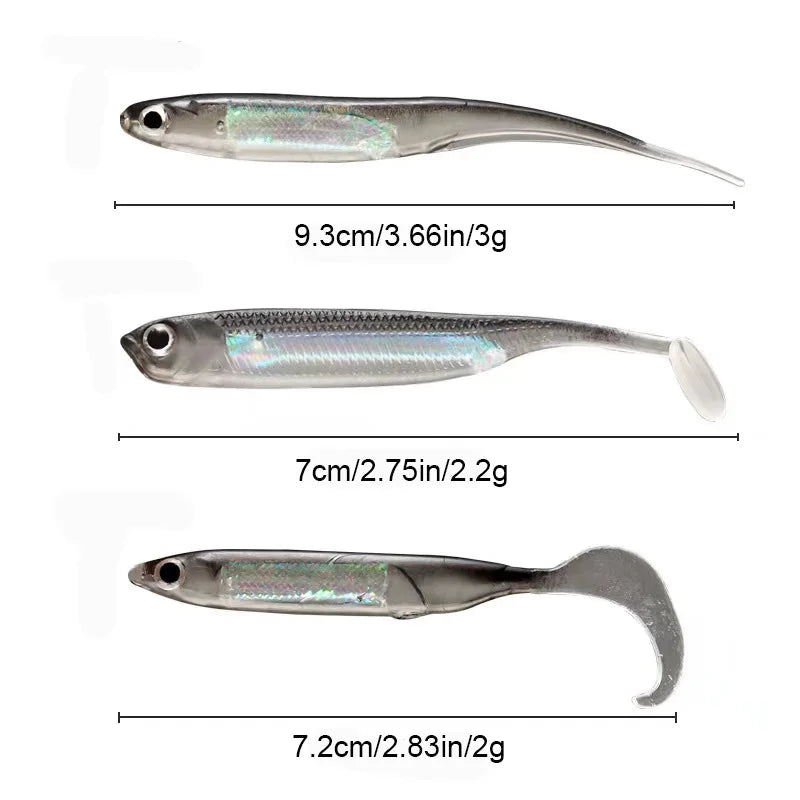 5pcs/lot Fishing Soft Bait T Tail Fish Fishing Lures Rainbow Color Sequin Swing Fishing Spinner Bait