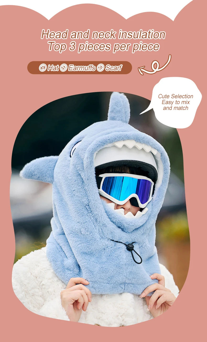 Cartoon Shark Ski Helmet Cover Winter Warm Comfortable Soft Fleece Skiing Head Warmer Cute Ski Helmet Hood Neck Warmer