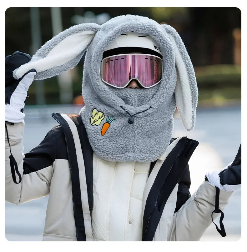 Winter Warm Ski Helmet Cover Comfortable Soft Fleece Skiing Head Warmer Cartoon Cute Rabbit Ear Decorative Helmet Cover Hat