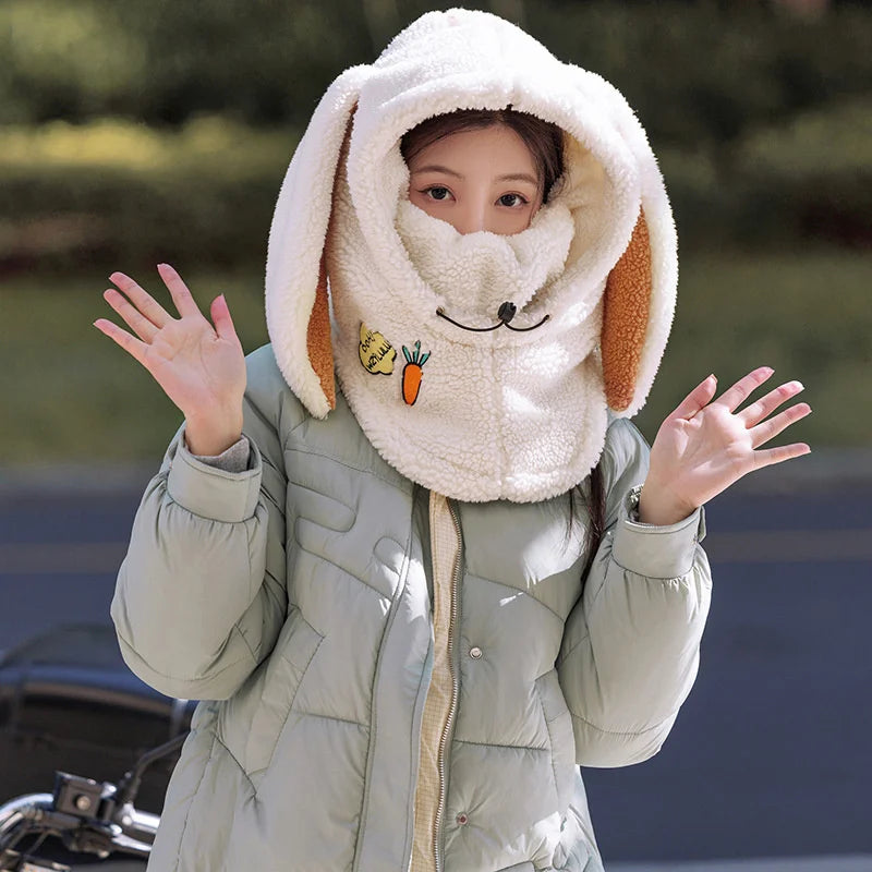 Winter Warm Ski Helmet Cover Comfortable Soft Fleece Skiing Cap Scarf Warmer Cartoon Cute Rabbit Ear Decorative Helmet Cover Hat