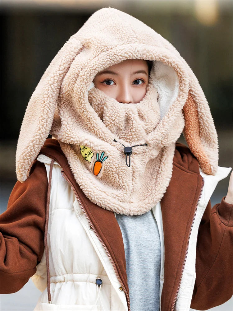 Winter Warm Ski Helmet Cover Comfortable Soft Fleece Skiing Cap Scarf Warmer Cartoon Cute Rabbit Ear Decorative Helmet Cover Hat